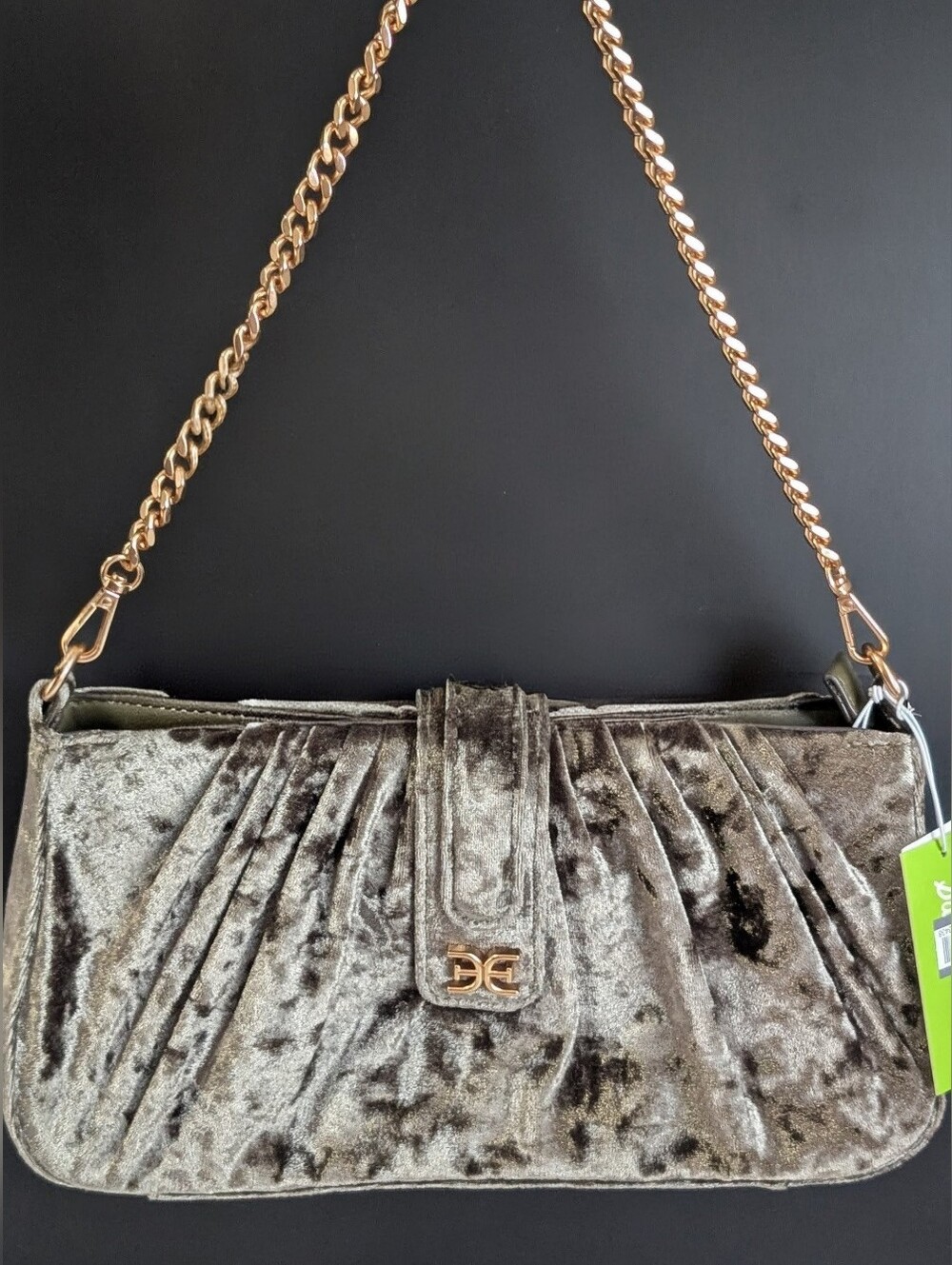 NWT Sam Edelman Ellie Pleated Velvet Shoulder Bag Winter Moss Gold Chain